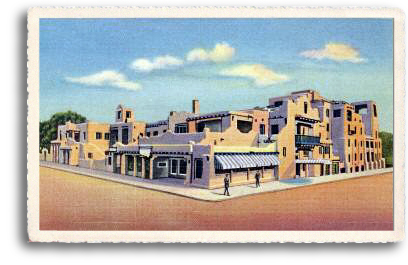 This vintage postcard depicts the La Fonda Hotel in downtown Santa Fe, New Mexico, circa 1922. Built on the site that was known as the end of the Santa Fe Trail, this historic adobe architectural masterpiece and landmark is one of the most popular destinations for locals and tourists alike. There’s always something interesting going on at the La Fonda!