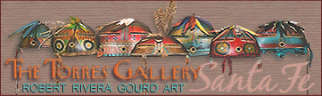 Robert Rivera Gourd art masks, pots, figures, lamps and more at the Torres Gallery, Santa Fe, NM