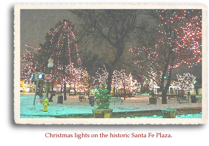 Christmas lights on the historic Santa Fe Plaza.