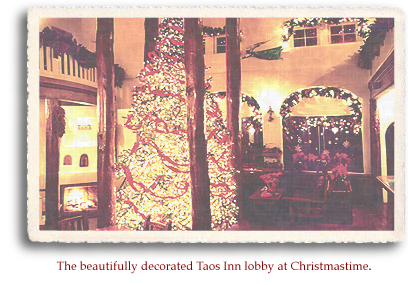 The beautifully decorated Taos Inn lobby at Christmastime. Photo courtesy Taos Inn.