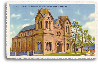 This vintage postcard features the St. Francis Cathedral, located one block east of the historic Santa Fe Plaza in downtown Santa Fe, New Mexico. This unsual structure is one of the most photographed landmarks in the City Different.