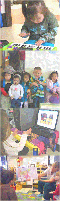 A toddler learns music on a keyboard, children ham it up for the camera, a young girl is pleased with her success on the computer, a toddler's reading circle