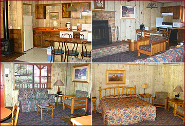 Four views of guest accommodations at the Riverside Lodge, Cabins & Condos: Fully equipped kitchenette and dining, Large brick fireplace, Living room with stunning views, bedroom with queen bed and seating. Decor is Lodge style, with knotty pine paneling andeclectic, comfortable furnishings.