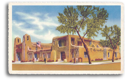 The Museum of Fines Arts is probably the best example of a more modern (yet authentic) Pueblo-Revival style architecture in Santa Fe, New Mexico. This beautiful, historic building sits ajacent to the Santa Fe Plaza.