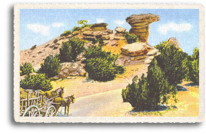 This vintage postcard offers a good view of Camel Rock, the well-known landmark of the Tesuque Pueblo, located approximately 10 miles north of Santa Fe, New Mexico.