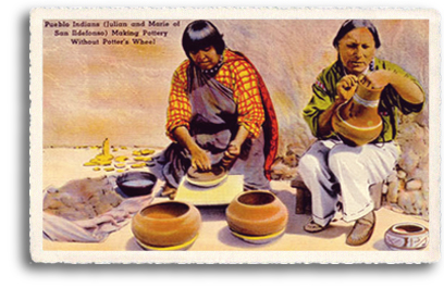 Two Native American (Indian) women from the San Ildefonso Pueblo work at making pottery in the traditional way, without a potter’s wheel. The pueblo is located 22 miles north of Santa Fe, New Mexico, between Nambe and Los Alamos.