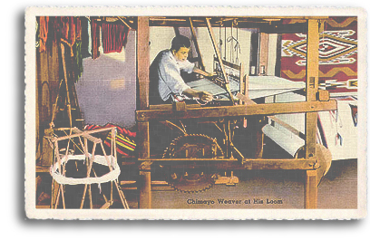 A vintage postcard depicts a Spanish (Hispanic) weaver at his loom in Chimayo, New Mexico. This is part of the long-standing tradition of Spanish Market, held annually in downtown Santa Fe, New Mexico.