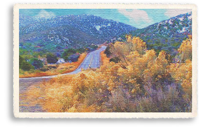 Pinon and brilliant blossoming chamisa line the Turquoise Trail as it winds through the Cerrillos Hills near Madrid, New Mexico