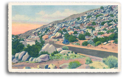 “Watch Out For Falling Rocks” is a common sign seen along the highways in Northern New Mexico. This vintage postcard depicts the view that awaited many vacationing motorists in the 1950s.