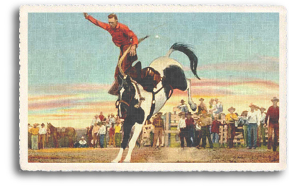 A vintage postcard illustrates a cowboy being bucked off a horse during a rodeo in Santa Fe, New Mexico (circa 1940s).