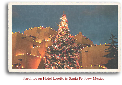 Farolitos on Hotel Loretto in Santa Fe, New Mexico.