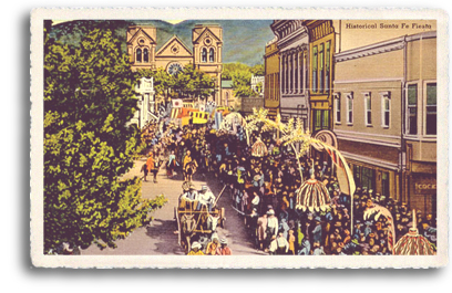 This colorful vintage postcard depicts the Historical/Hysterical Parade on the streets of downtown Santa Fe, New Mexico. As part of the annual Fiesta de Santa Fe (Santa Fe Fiesta) in early September, the event takes place at the site of the historic Santa Fe Plaza.
