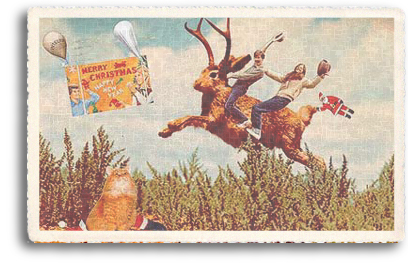 The 1950s brought us the height of kitsch in our American culture and this vintage postcard is a great example of some of the art that emerged during that time. Two young riders enjoy being atop the back of the mythological creature known as the Jackalope. A kitty playing Santa Claus watches from below.