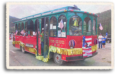 The red River Trolley is all decked out in patriotic gear for the annual fourth of July Parade