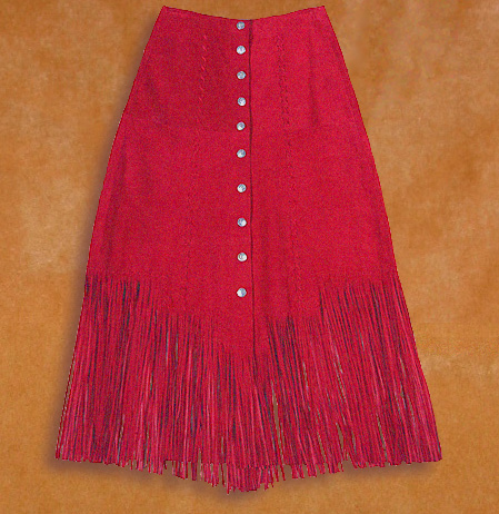 Suede riding skirt with hand cut fringe and lacing, mercury dime buttons